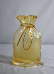 Vintage Hand Blown Pilgrim Mustard Sack Bag Vase With Orange  Glass Applied String