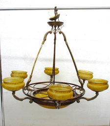 Vintage Iron Chandelier With Amber Glass Shades - 6-Light Fixture