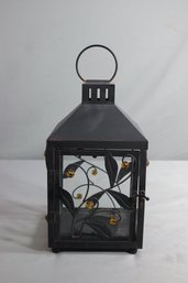 Black Metal Powder Coated Hanging Candle Lantern With Leaf And Amber Balls