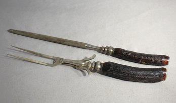 Antique Carving Set With Sterling Silver And Stag Horn Handles