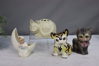 Group Lot Of 3 Cat Figurine Planters And 1 Vintage Half Moon & Baby Planter