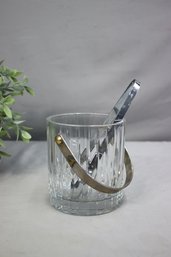 Vintage MCM Ribbed Crystal Ice Bucket With Swing Handle And Ice Tongs