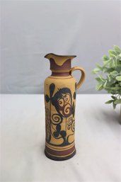 Vintage MCM Matte Glazed Mustard Ring-handled Vase With Black/Red Semi-Abstract Decoration