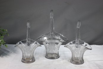 Group Lot Of Three Clear Etched Glass Wedding Basket Vases