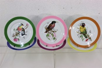 Set Of Six Rochard Limoges Bird And Color Band Plates