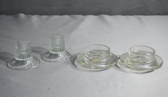 2 Reversible Glass Ribbed Candlestick And 2 Round Glass Butter Dish Bases