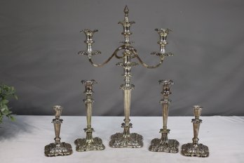 Group Lot Of Vintage Silverplate Candelabra And 2 Pairs Of Candlesticks