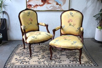 Pair Of French Louis XV  Style Period Fauteuils With Floral Upholstery