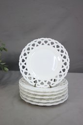 Set Of 6 Vintage Milk Glass 'Forget Me Not Luncheon' Plates With Reticulated Lace Edge