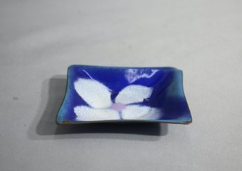 Enamel White Flower On Blue Ground Small Square Dish