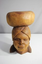 Signed Hand-Carved Wooden Sculpture Of African Woman With Vessel