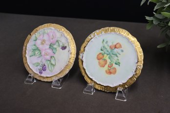 Two Gorgeous Hand Painted Porcelain Gilt Scalloped Edge Tea Trivets, Signed Faye