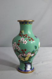 1950s Cloisonne Vase Peach Blossoms On Green Ground