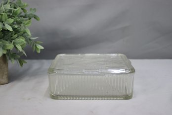 Vintage Federal Glass Clear Refrigerator Dish Box With Embossed Vegetable Lid