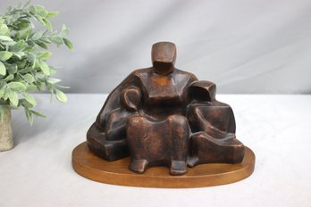 Vintage Terracotta Family Of 3 Figurine - On Wood Base Signed Illegible