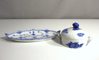 Royal Copenhagen Blue Fluted Full Lace Porcelain Oval Serving Dish & Lidded Sugar Bowl