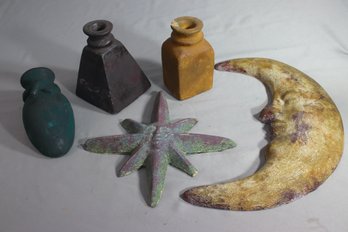 Group Lot Of Patinated Cast Decorative Objects - Moon, Star, And Jars