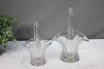 Pair Of Vintage Clear Pressed Glass Basket With Etched Flowers