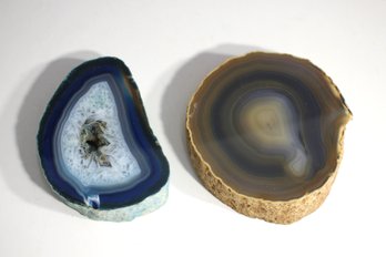 Pair Of Polished Agate Thick Blue  & Brown Slices