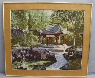 Framed Needlework Art Landscape Garden And Pagoda, Completed And Framed