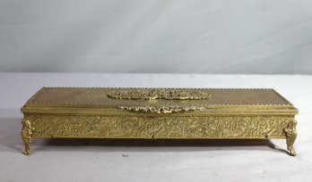 Vintage Ornate Filigree  Golden Bronze Tone Footed Jewelry Casket