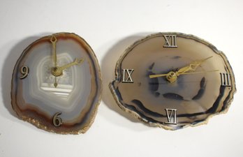 Pair Of Vintage Agate Slice Wall Clocks With Roman And Arabic Numerals-untested