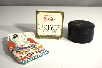 Ukiyo-e Coasters Set & Lacquered Japanese Vintage Coaster Box Set Black Lacquer Gold Bamboo