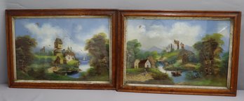 A Pair Of Vintage Reverse Paintings On Glass, River Landscapes