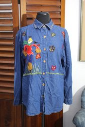 New Directions Denim Shirt With Scarecrow And Leaves Appliques - Long Sleeves - Vintage Size Small