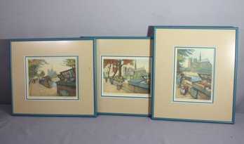 Group Of 3 Framed Vintage Victor Valery Pencil Signed Color Prints Views Of Notre Dame