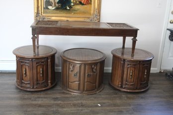 Three Round End Tables And Decorative Carved Panel Coffee Table