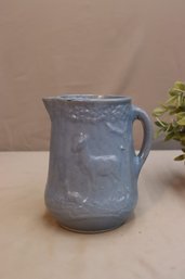 Vintage Blue Salt Glaze Stoneware Pitcher With Deer Emboss Decoration