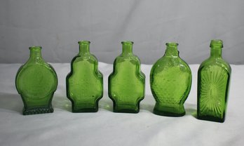 Set Of 5 Vintage Wheaton GreenGlass Collector Bottles