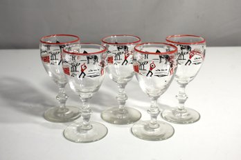 Set Of 5 Vintage Drinking Glasses With Red And Black Scenic Design