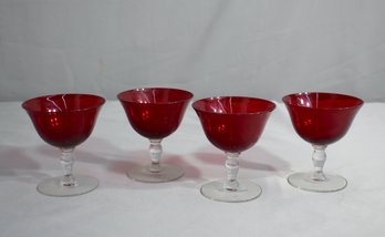 Set Of 4 Vintage Ruby Red Clear Stem Coupe Glasses
