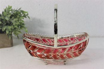 Cranberry Cut To Clear Oval Sawtooth Bowl With Chrome Wire Basket