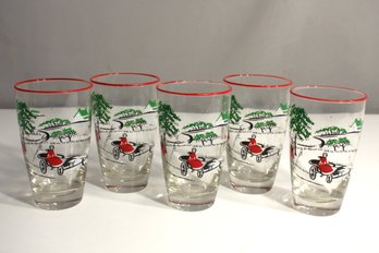 Vintage Drinking Glass Set With Countryside Horse & Buggy Design