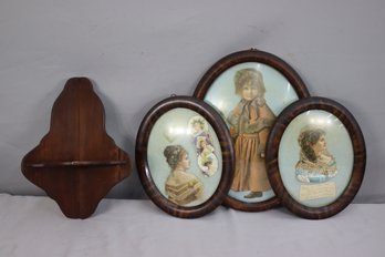 3 Vintage Collages In Antique Wood Oval Frames & A  Small Corner Shelf &