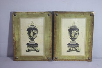 Two Prints Of Large Homeric Vase And Pedestal On Fabric Wall Plaques