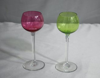 Two Vintage Bacarat Long Stem Wine Glasses, One Somber Green And One Cranberry Rose