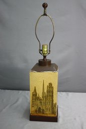 Tall Artisan Pottery Lamp Decorated With Famous Churches Of Europe