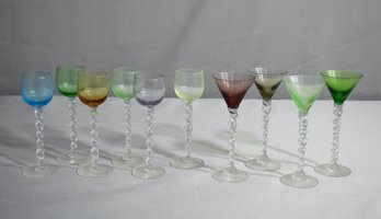 Collection Of  10 Swizzle Stem Colored Martini (4) And Wine Glasses (6)