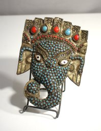 Intricately Beaded Ganesha Wall Mask With Semi-Precious Stone Accents