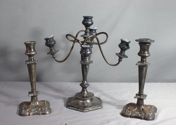Group Lot Of Vintage Silverplate Candlesticks - One Three Candle And Two Single Candle