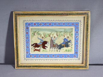 'the Hunt' Suratgari Style Folk Art Painting On Faux-Bone, In Mosaic Marquetry Khatam Frame