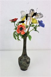 Artificial Wild Flower And Butterflies Arrangement In Long Neck Verdigris Vase