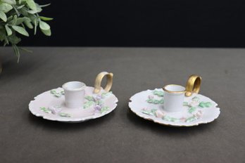 Pair Of Vintage Hand Painted Porcelain Floral Chamber Candle Holders, One Signed Faye