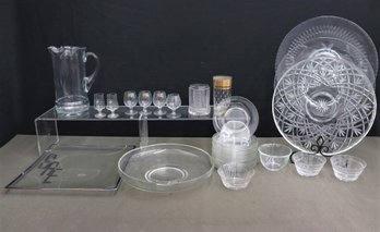 Group Lot Of Clear Glass And Crystal Bowls, Trays, Plates, Glasses, And More