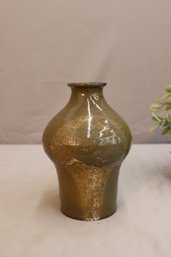 Vintage Stoneware Vase With Gray-green And Rust And Caramel Glaze, Signed Bottom