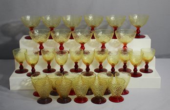 MCM Vintage Set Of 32 Amber Body And Red Stem Glasses - 3 Type/sizes In All